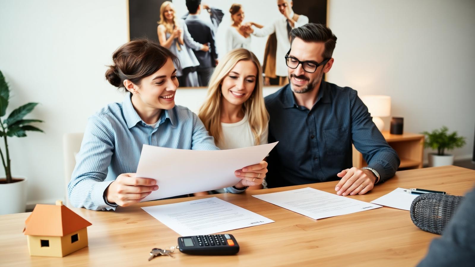 A couple reviewing mortgage documents with a lender