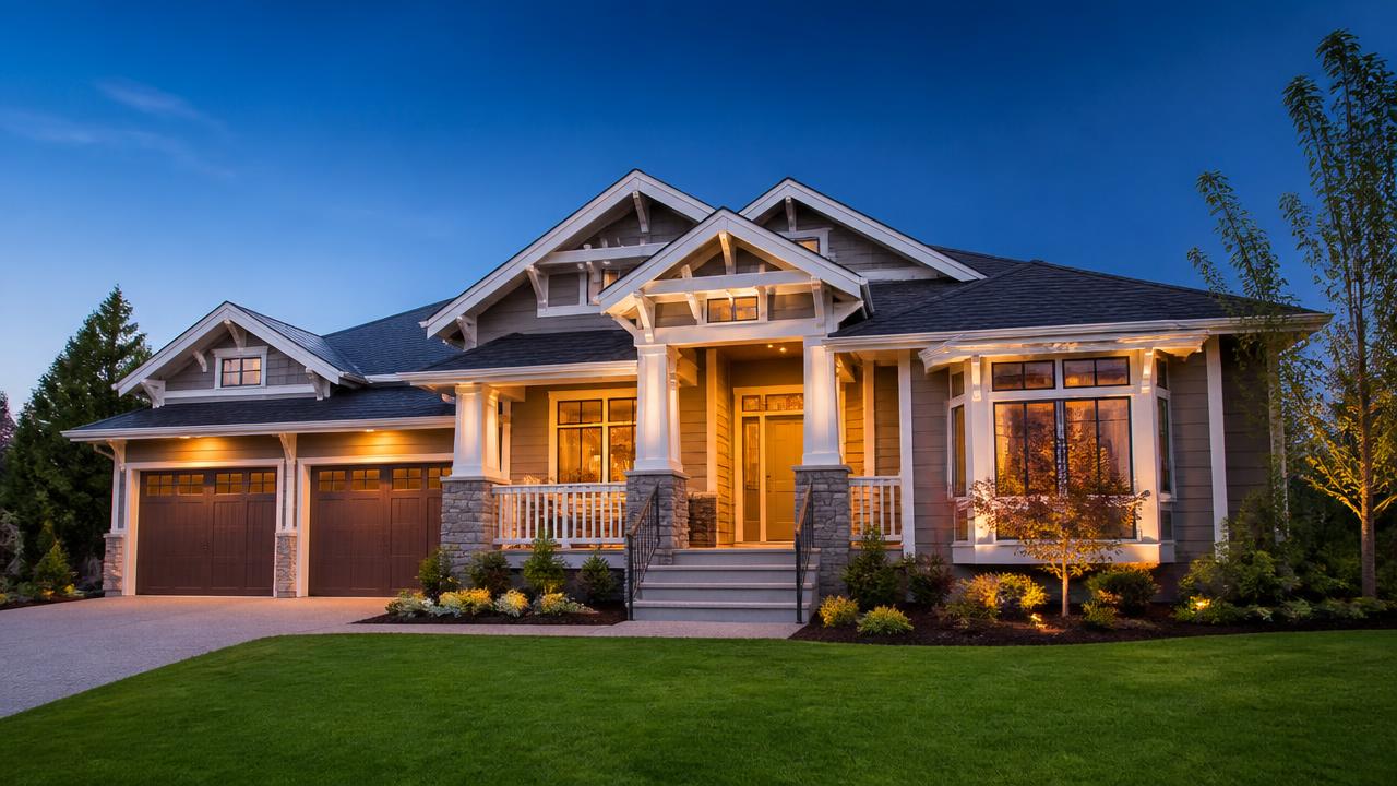 A beautiful new craftsman home at dusk